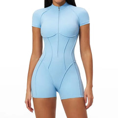 Short-Sleeve Plain Half Zip Sport Romper