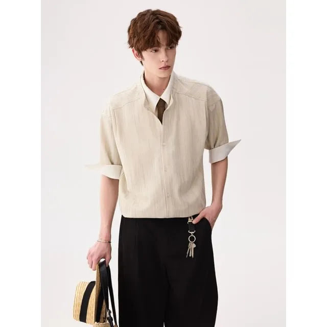 Mock Two-Piece Elbow-Sleeve Tie Dye Button-Up Shirt