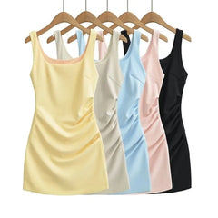 Sleeveless Scoop Neck Plain Ruched Mini Sheath Dress