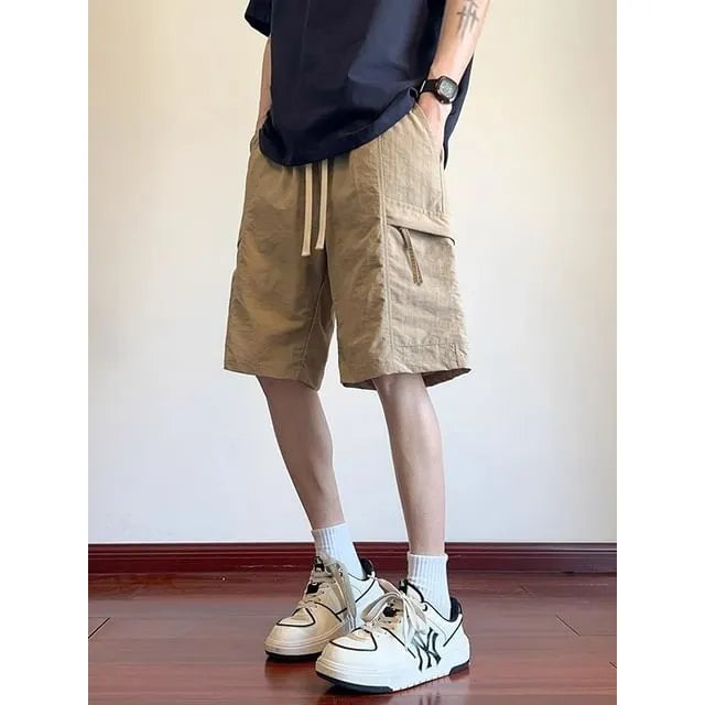 Drawstring Waist Plain Cargo Shorts