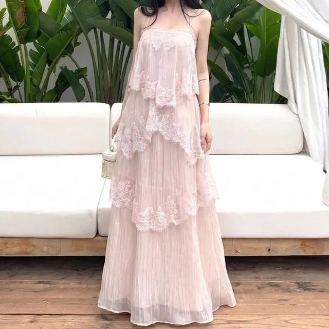 Spaghetti Strap Lace Asymmetrical Maxi A-Line Dress