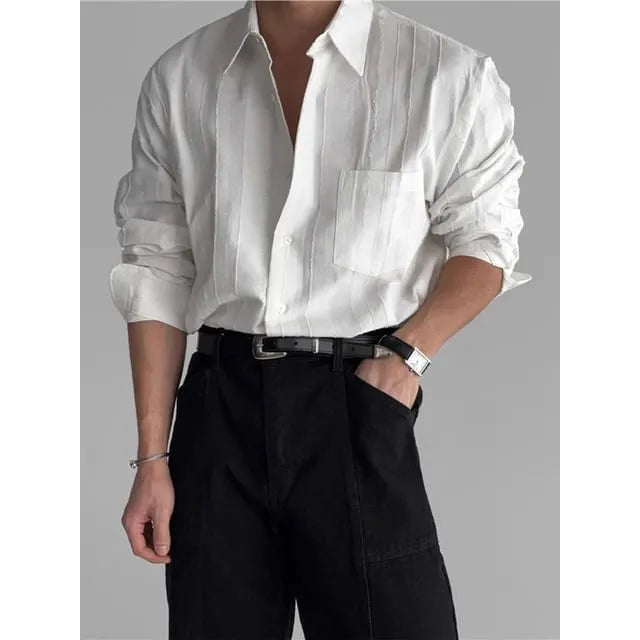 Long-Sleeve Collared Textured Button Up Shirt