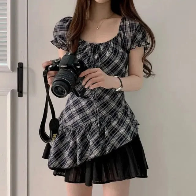 Short-Sleeve Square Neck Plaid Ruffle Trim Asymmetrical Top