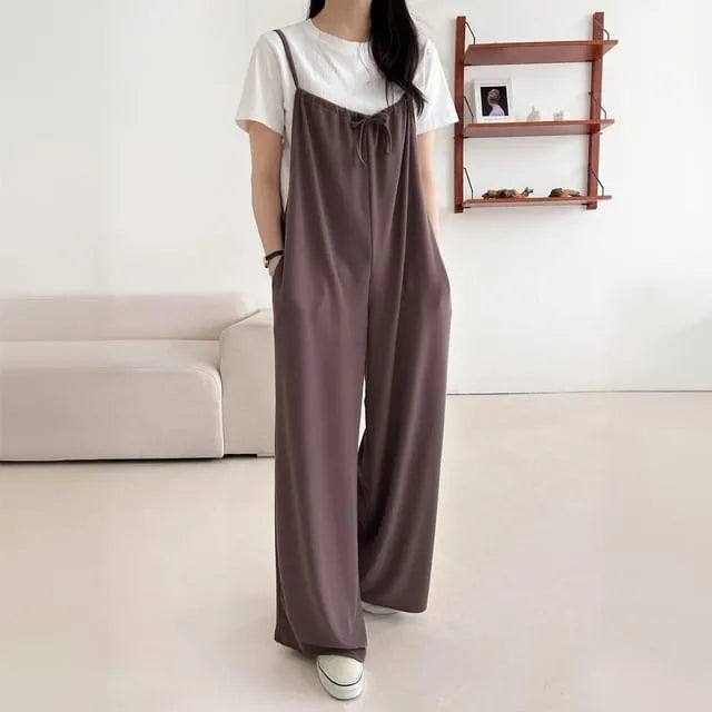 Plain Drawstring Suspender Wide-Leg Jumpsuit