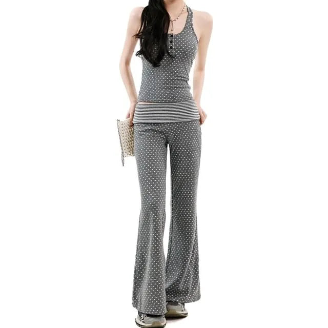 Scoop Neck Polka Dot Striped Panel Racerback Crop Tank Top / Low Rise Flared Pants