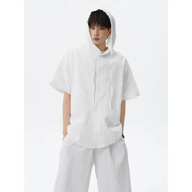 Set: Short Sleeve Plain Hooded Button Top + Mid Rise Shorts