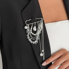 Faux Pearl Chain Safety Pin Brooch