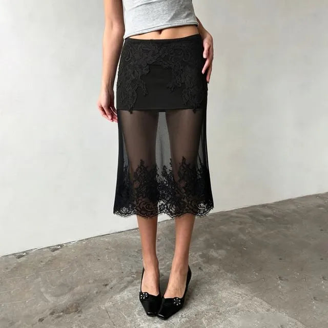 Low Waist Lace Panel Mesh Midi Pencil Skirt