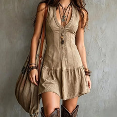 Sleeveless V-Neck Plain Lace Trim Mini A-Line Dress