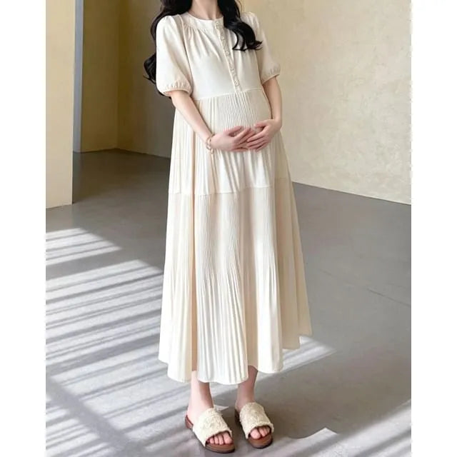 Maternity Short-Sleeve Crewneck Pleated Maxi A-Line Dress