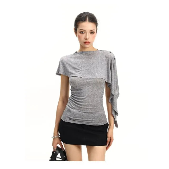 Set: Crew Neck Plain Ruched Slim Fit Tank Top + Asymmetrical Shawl