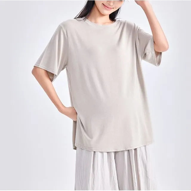 Maternity Elbow-Sleeve Crew Neck Plain T-Shirt