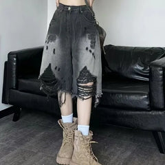High Waist Washed Distressed Knee-Length Denim Shorts