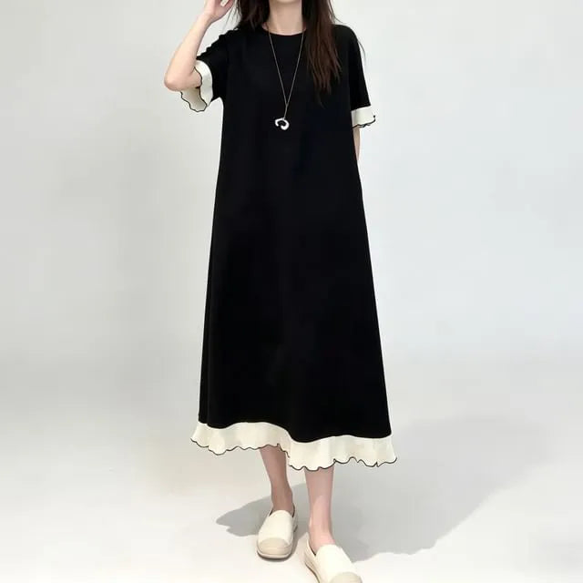 Short Sleeve Round Neck Two Tone Ruffle Midi A-Line Dress