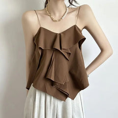 Plain Asymmetrical Ruffled Camisole Top