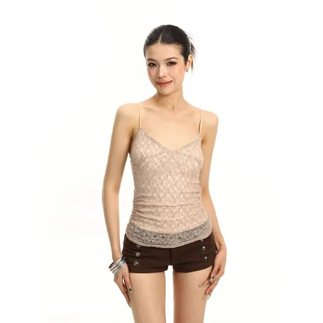 V-Neck Ruched Lace Slim Fit Crop Camisole Top