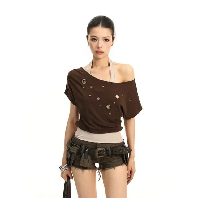 Mock Two-Piece Short-Sleeve Halter Neck Off-Shoulder Two Tone Grommet Crop T-Shirt