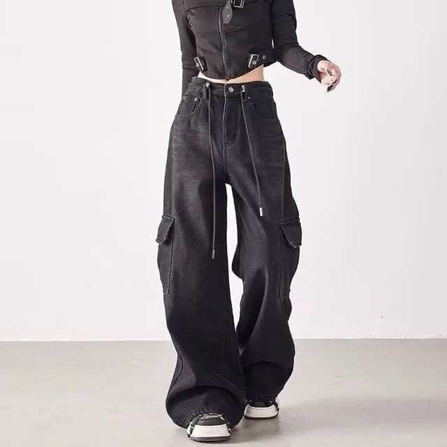 Mid Rise Washed Baggy Cargo Jeans