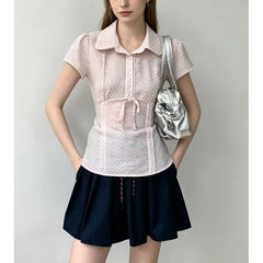 Short Sleeve Collared Lace-Trim Polka Dot Tie-Front Slim-Fit Blouse