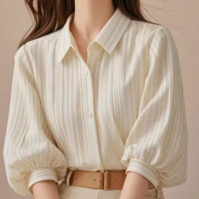 3/4-Sleeve Collared Striped Button-Up Blouse