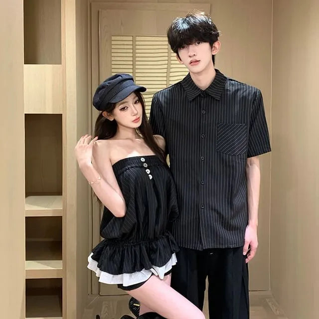 Couple Matching Short-Sleeve Pinstriped Button-Up Shirt / Gathered-Waist Tube Top / Mid Rise Shorts