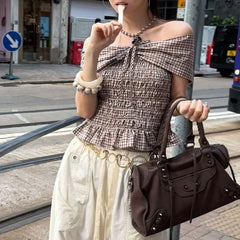 Mock Two-Piece Off-Shoulder Plaid Smocked Ruffle Hem Crop Top
