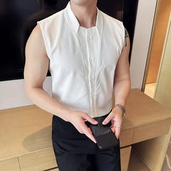Sleeveless Collared Plain Textured Button Up Shirt