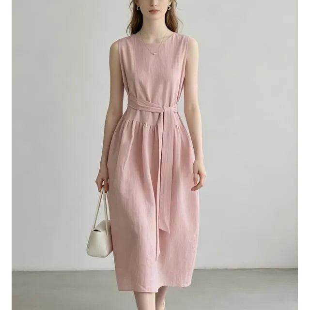 Sleeveless Round Neck Plain Tie-Waist Midi Dress