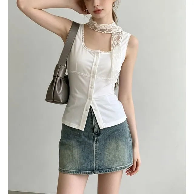 Square-Neck Lace-Trim Plain Slim-Fit Tank Top