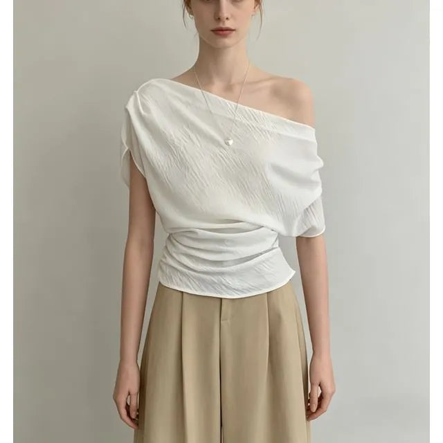 Short Sleeve Cold Shoulder Plain Ruched Slim-Fit Top