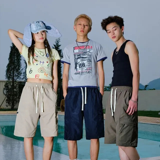 Couple Matching Drawstring Waist Plain Sweatshorts