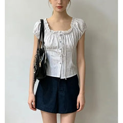 Puff Sleeve Scoop Neck Lace-TRim Tie-Front Slim-Fit Top
