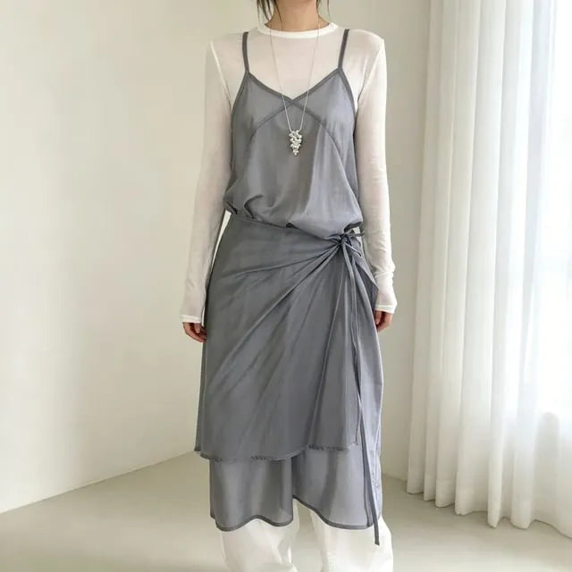 Set: Spaghetti Strap V-Neck Plain Mesh Midi A-Line Dress + Wrap Skirt