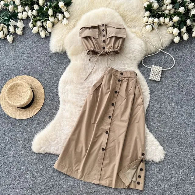 Set: Plain Flap Pocket Drawstring Button Padded Cropped Tube Top + High Waist Slit Midi A-Line Skirt