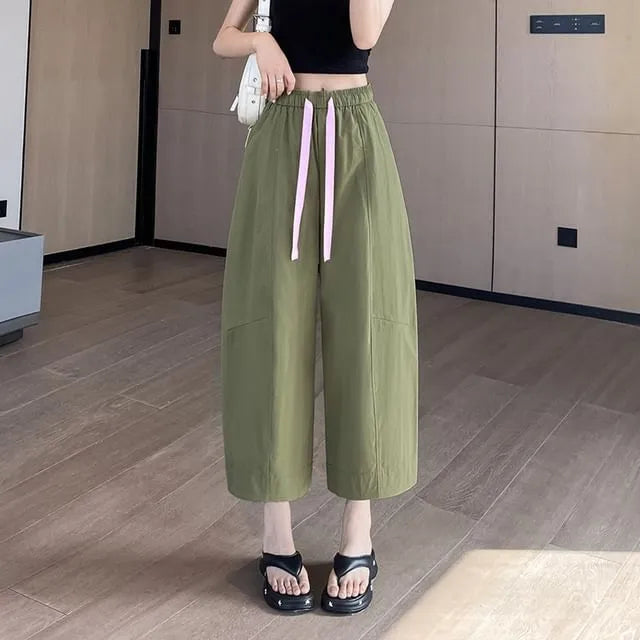 Drawstring Waist Plain Crop Barrel Leg Pants