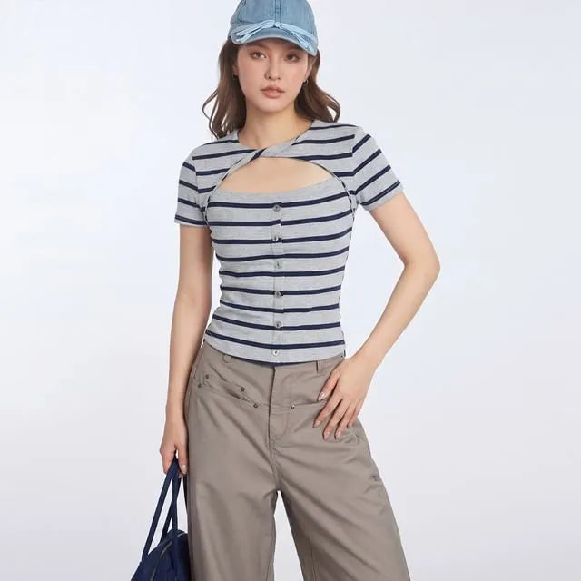 Short Sleeve Crew Neck Striped Cut-Out Twisted Button Front Slim-Fit T-Shirt