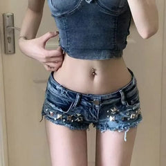 Low Rise Studded Denim Hot Pants