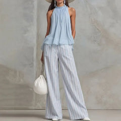 Halter Neck Plain Sheer Tank Top / High Waist Striped Loose-Fit Wide-Leg Pants