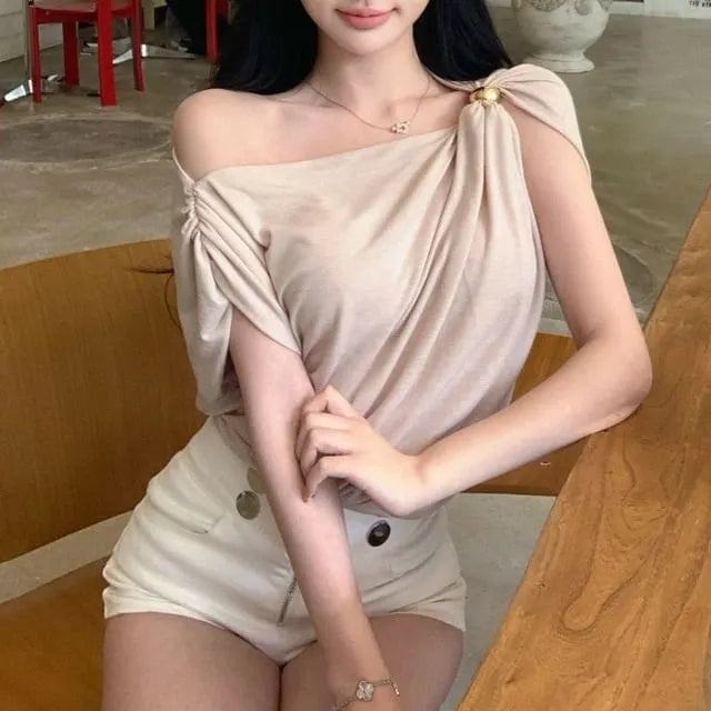 Sleeveless One Shoulder Plain Ruched Top
