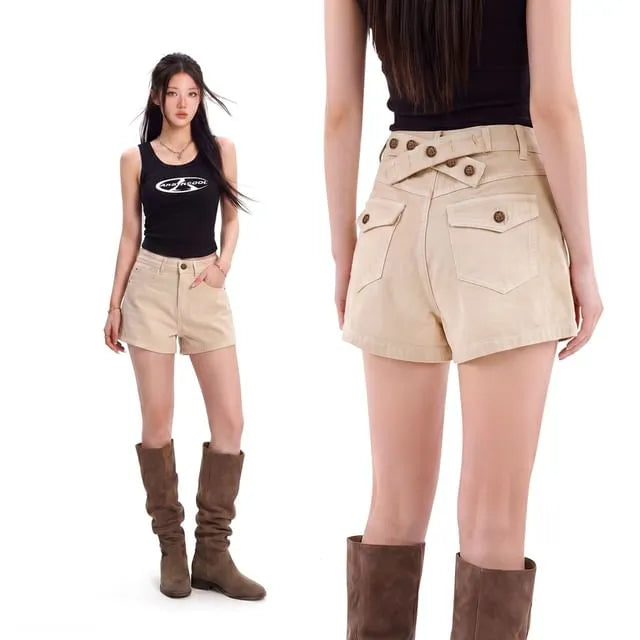 High Waist Plain Buckle-Back Denim Shorts
