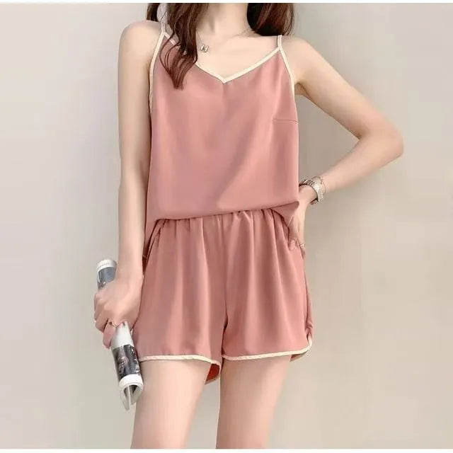 Pajama Set: Spaghetti Strap V-Neck Camisole Top + Shorts