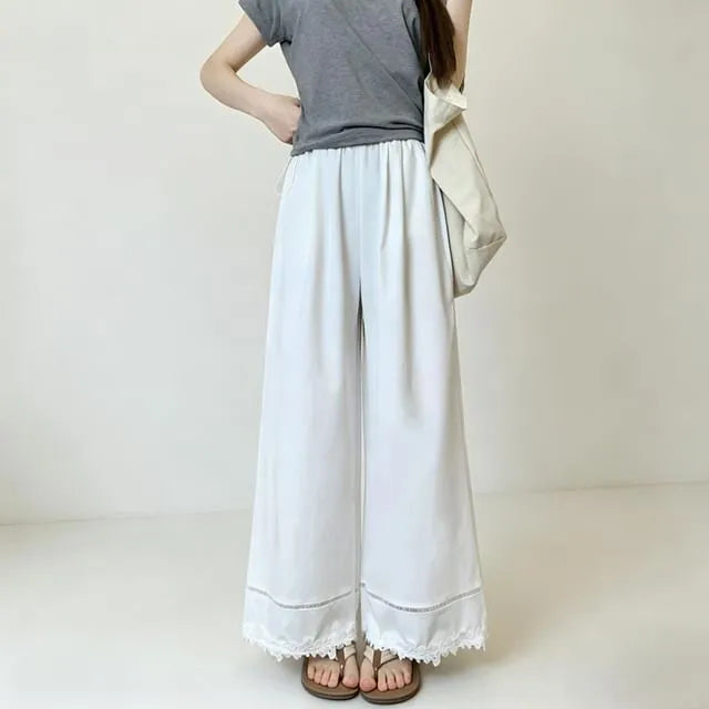 Maternity High Waist Lace Trim Perforated Cropped Wide Leg Pants