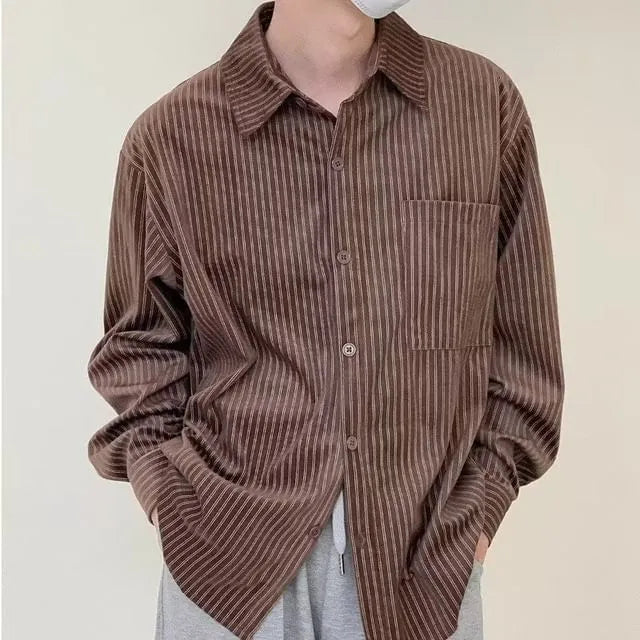 Long-Sleeve Collared Striped Corduroy Button Up Shirt