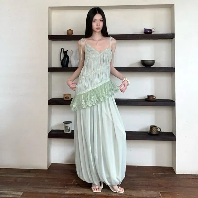 Spaghetti Strap V-Neck Asymmetrical Lace Trim Camisole Top / Mid Rise Plain Harem Pants