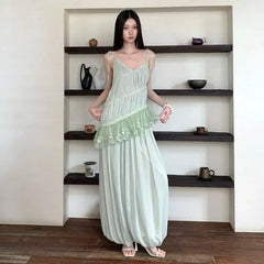 Spaghetti Strap V-Neck Asymmetrical Lace Trim Camisole Top / Mid Rise Plain Harem Pants