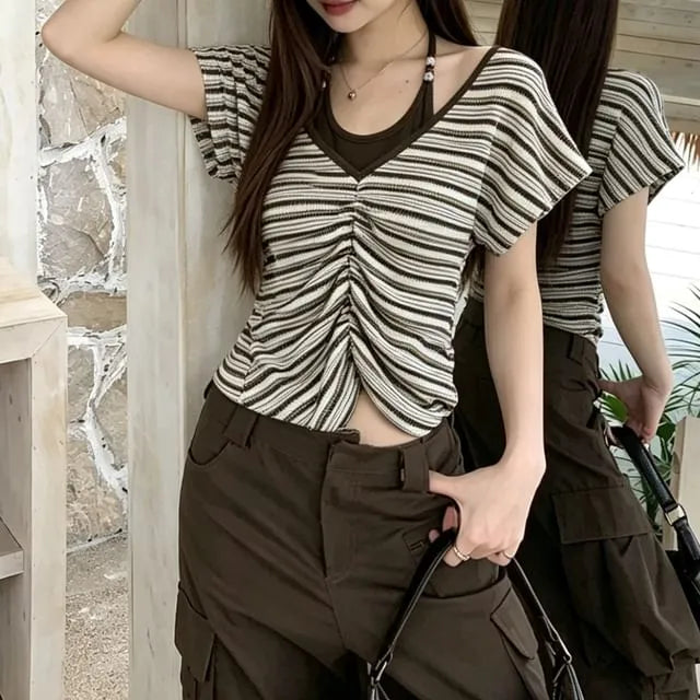 Mock Two-Piece Short-Sleeve Halter Neck Striped Ruched Crop T-Shirt