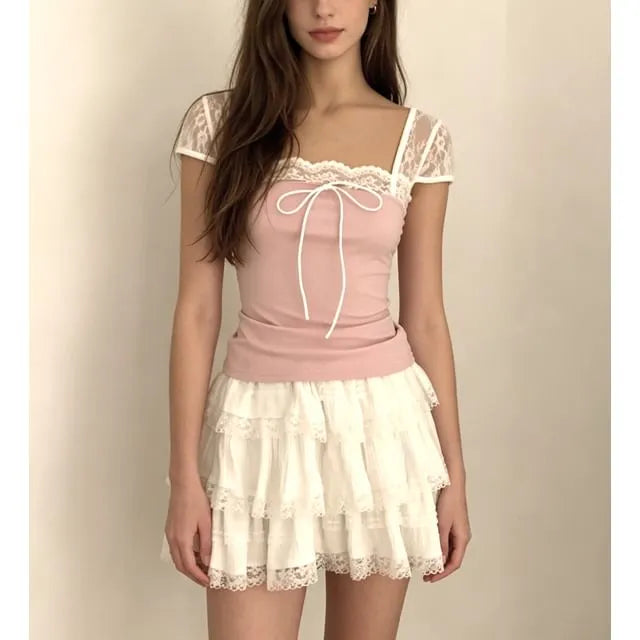 Short Sleeve Square-Neck Lace Panel Tie-Front Slim-Fit Top