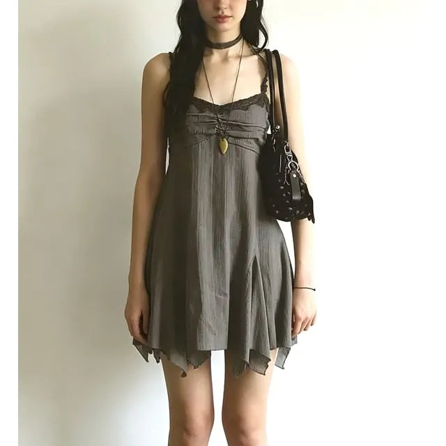 Spaghetti Strap Halter Beaded Panel Lace Mini A-Line Dress