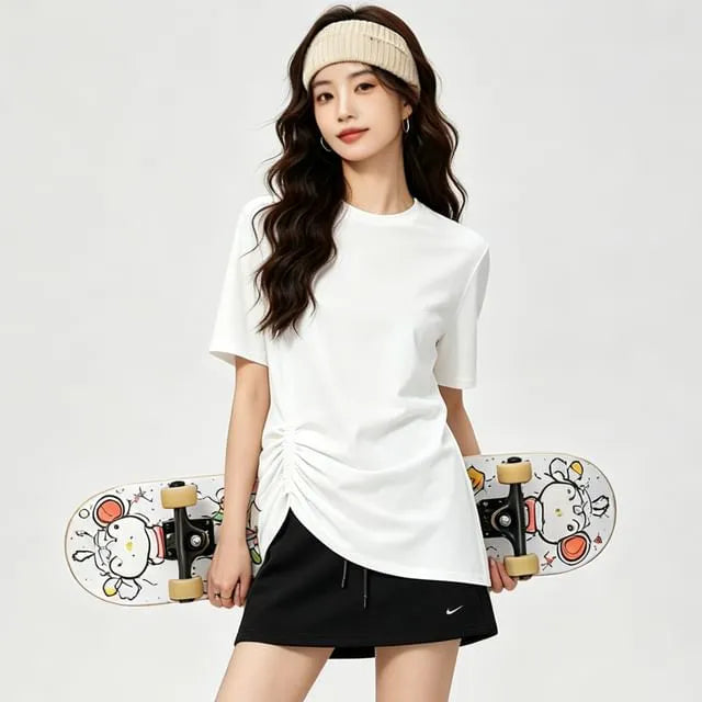Short-Sleeve Crew Neck Plain Ruched Asymmetrical T-Shirt