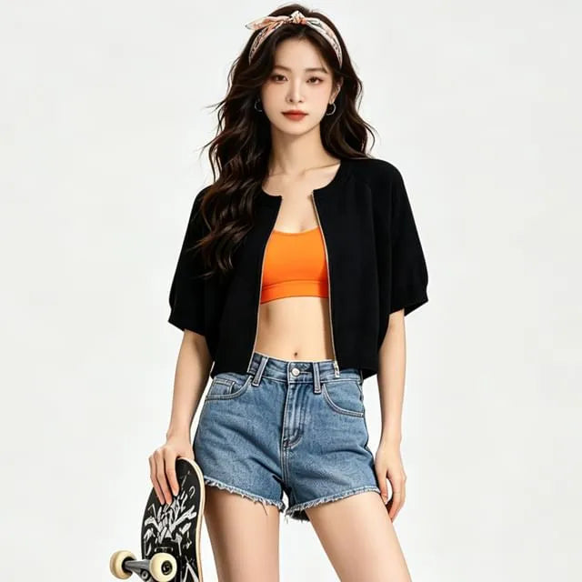 Short-Sleeve Round Neck Plain Zip Cardigan